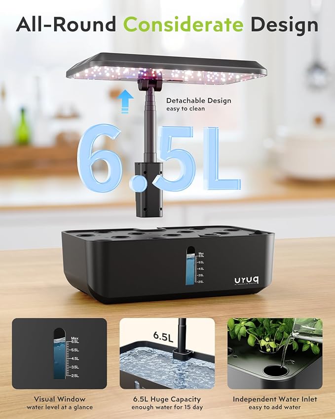 Indoor Hydroponics Growing System Kit 12 Pods Gardening System Herb Garden Custom Time with LED Grow Light Height Adjustable Quiet Plants Germination Kit - Gardening Gifts for Women Men Black