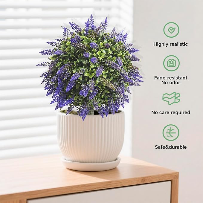 Artificial Boxwood Topiary Ball with Lavender, Set of 2 Artificial Shrub Bushes with Ground Spike, Fake Evergreen Tree for Porch, Artificial Plants for Outdoor Planters Indoor UV Resistant