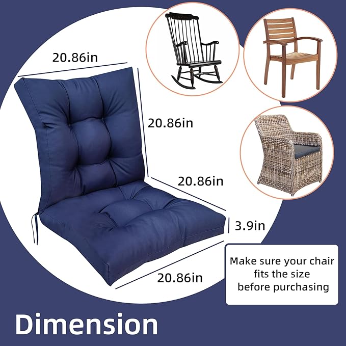Outdoor Wicker Chair Cushions Set of 2 Waterproof Replacement High Back Seat Pad for Patio Furniture Garden Thicken Outdoor Patio Chair Cushion Navy Blue,41.7"*20.8"*3.9"