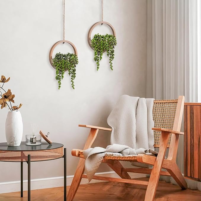2 Pack Fake Plants, Large Artificial Hanging Plants Hanging Planter Fake Succulents Artificial String of Pearls with Pot and Lanyard for Living Room Bathroom Home Office Wall Decoration