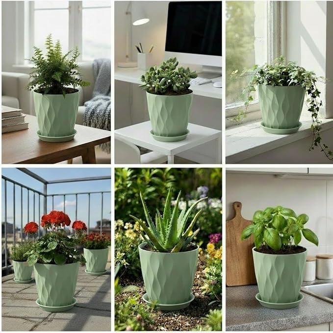 Plant Pots 8 Inch, 6 Pack Plastic Flower Pots for Indoor & Outdoor Plants, Planters with Drainage Holes and Saucer, Garden Pot for Plants (Green)