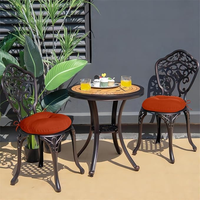 downluxe Bistro Chair Cushions for Patio Furniture, Water-Resistant Round Outdoor Chair Cushions Set of 4 with Non-Slip Ties, 15" x 15", Brick Red