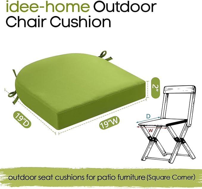 idee-home Outdoor Chair Cushions Set of 2, Thick 19" x 19" x 2" Outdoor Seat Cushions Patio Furniture Waterproof with Ties, Dining Pads