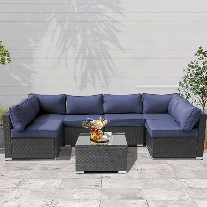14Piece Outdoor Sofa Cushion Replacement, Patio Furniture Waterproof Cushion with Zippers, fit 6-Seat Outdoor Wicker Rattan Sectional Couch (Dark Blue, 24.8"x24.8"x3.15")