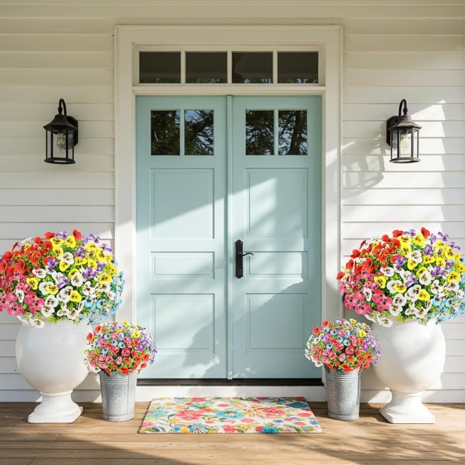 MACTING 24 Bundles Artificial Spring Flowers for Outdoors Faux Outdoor Pansy Plants UV Resistant Fake Silk Pansies for Outside Planter Front Door Porch Yard Patio Garden Home Decorations(Mix Color)