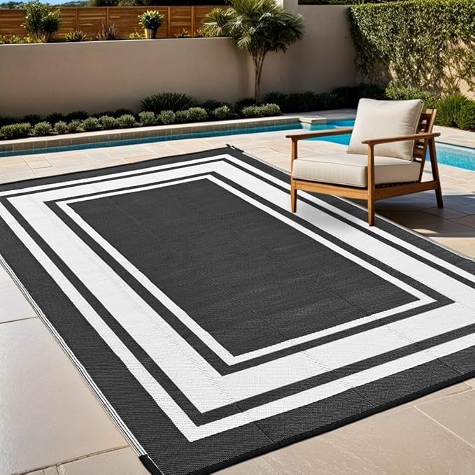 RURALITY Plastic Straw Outdoor Mats 5 ft by 8 ft for Patios Waterproof Rugs for Backyard,Porch,Deck,Balcony,Reversible,Black and White