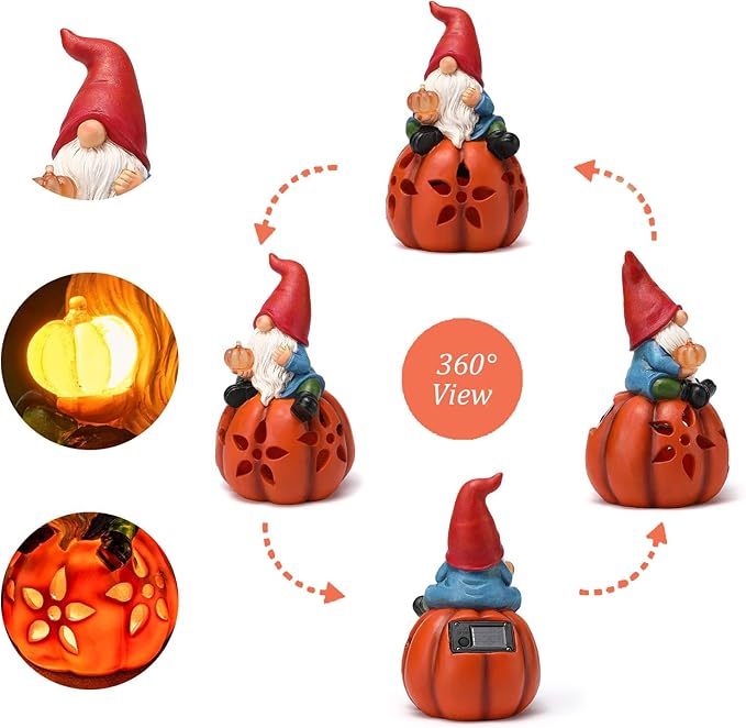 Solar Pumpkin Gnome Garden Statues Halloween Thanksgiving Outdoor Gnome with LED Lights Decorations for Yard Patio Lawn Porch Birthday Christmas Gardening Gifts for Mom Women