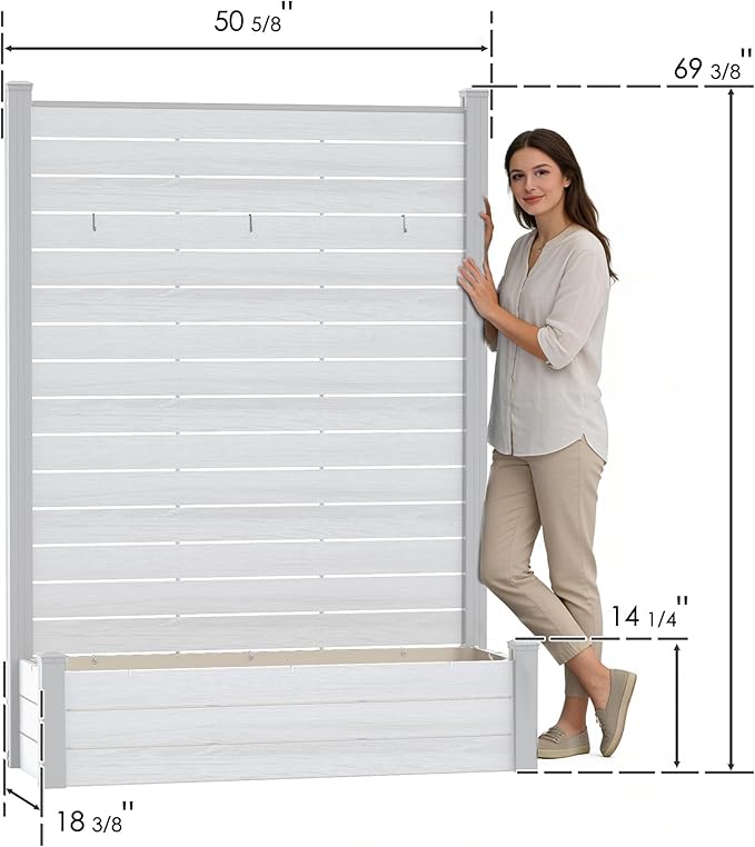 Kozyard Privacy Screen with Planter, 70" H x 51" W Outdoor Garden Screen, Waterproof Aluminum Frame with Thick Wood-Plastic Boards, Decorative Privacy Screen for Patio, Balcony & Backyard White