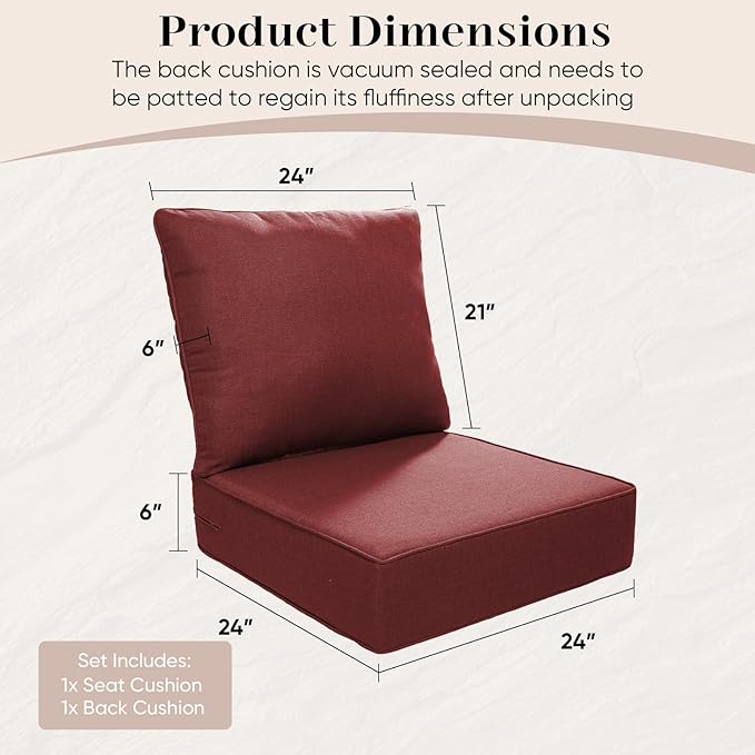 Outdoor Seat Cushion Set-24 x 24 x 6 Inch Outdoor Chair Cushions with Water Resistant & Removable Cover Outdoor Cushions for Patio Furniture Chair Sofa Couch-Red