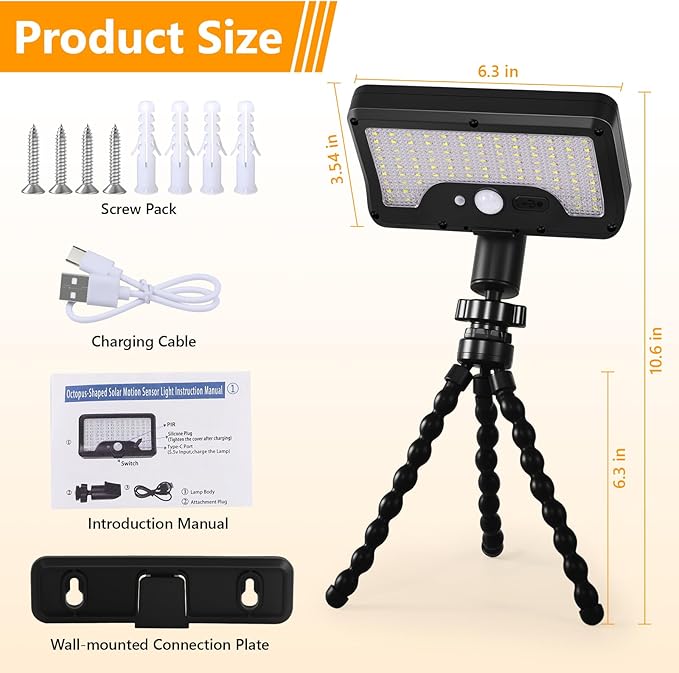 Solar Motion Lights Outdoor with Flexible Octopus Tripod, USB & Solar Powered Motion Sensor Lights with 92 LEDs(600LM,3000K), IP65 Waterproof Motion Activated Light for Fence, Camping, Gutter(2 Pack)