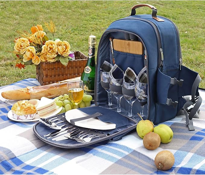 Sunflora Picnic Backpack for 4 Person Set Pack with Insulated Waterproof Pouch for Family Outdoor Camping (Navy Blue)