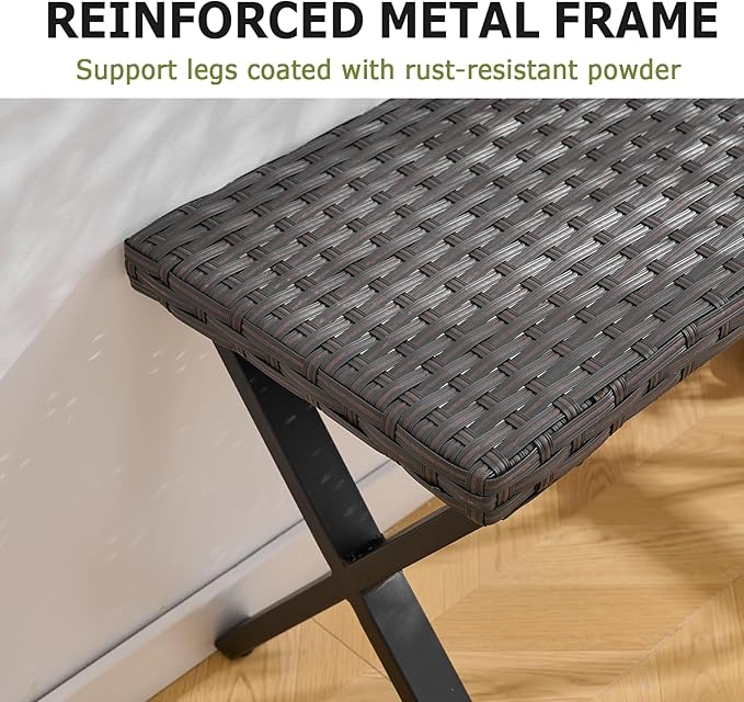 Outdoor Rattan Backless Bench Set of 2, Weatherproof Patio Bench with Seat and X-Shaped Legs, All-Weather Garden Bench for Porch, Patio, Lawn and Backyard, Black