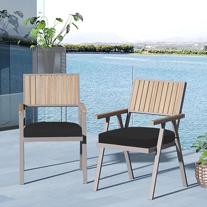 Cozyide Outdoor Chair Cushions, Waterproof Patio Seat Cushions with Adjustable Straps, Round Corner Patio Chair Cushions for Garden, Black, 17x16x2 Inch (Pack of 2)
