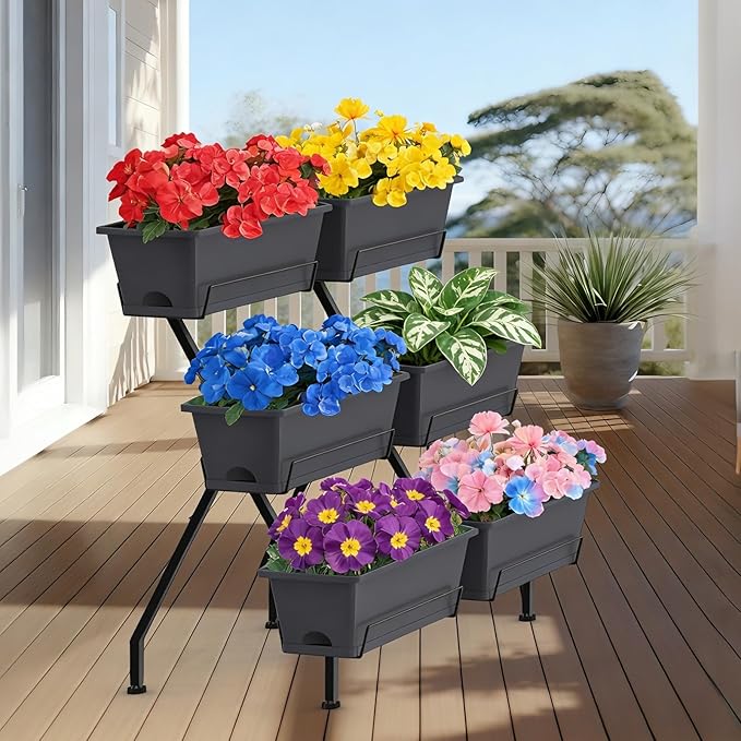 ETELI Vertical Raised Garden Bed 3 Tier Garden Planter Indoor Outdoor Herb Planter with 6 Removable Boxes Standing Garden Planter with Drainage Holes Elevated Raised Bed for Patio Balcony Porch, Grey