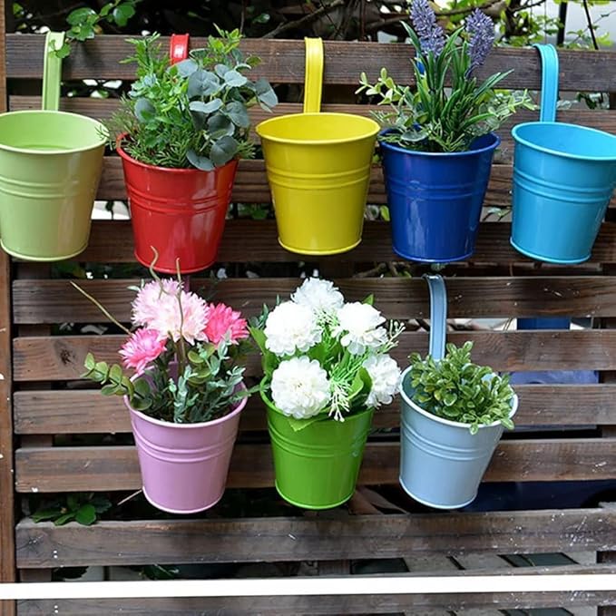 Vintage Hanging Cup Holders with Removable Hooks -5 Pack Metal Iron Buckets Hanging Flower Pots Wall Fence Hanging Planter-Storage Box, Drainage Holes -5''Diameter Vase Decoration (Yellow)