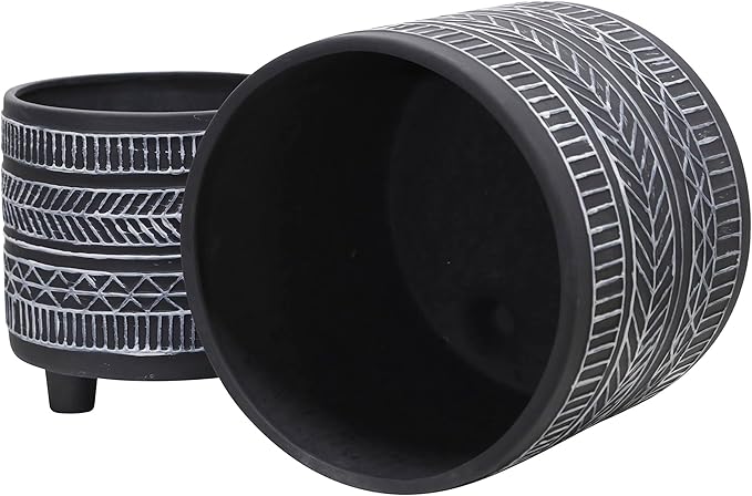 Set of 2 Tribal Look Footed Decorative Planter Pot – Ceramic Stoneware Outdoor and Indoor Plant Pot – Modern Garden and Home Decor Planters – 6" and 8", Black