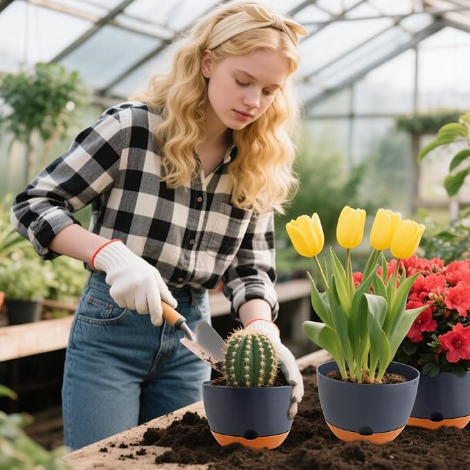 12/10/8/8 Inch Pots for Plants, 4 Pack Large Self Watering Pots for Indoor Plants with Drainage and Saucers, Plastic Outdoor Flower Pot(Grey)
