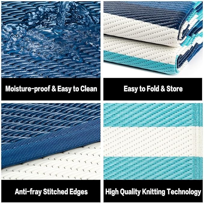 HUGEAR Outdoor Plastic Straw Rug, Waterproof Mat, Washable Large Floor Mat and Rug for Outdoors, RV, Beach, Patio, Camping, Backyard, Deck, Picnic, Indoor Outside (5x8ft,Stripe/Blue&White)
