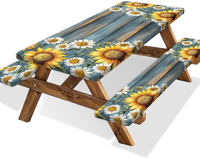 Picnic Table Cover with Bench Covers Camping Essentials Waterproof Windproof Camping Tablecloth with Drawstring Bag, Fitted Rectangle Tables and Seats, 72in, Teal Wooden Sunflower
