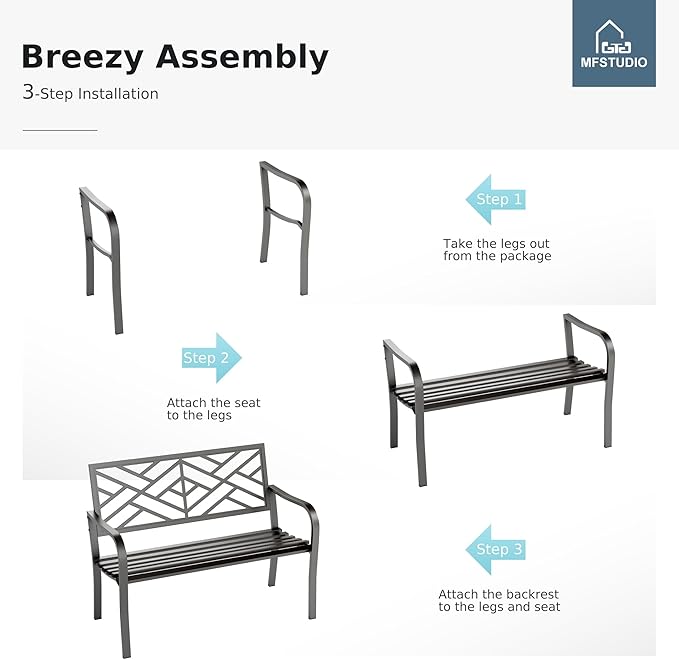 MFSTUDIO 43.7 Inches Outdoor Garden Bench, Cast Iron Metal Frame Patio Park Outside Benches with Geometric Pattern Backrest for Front Porch, Black