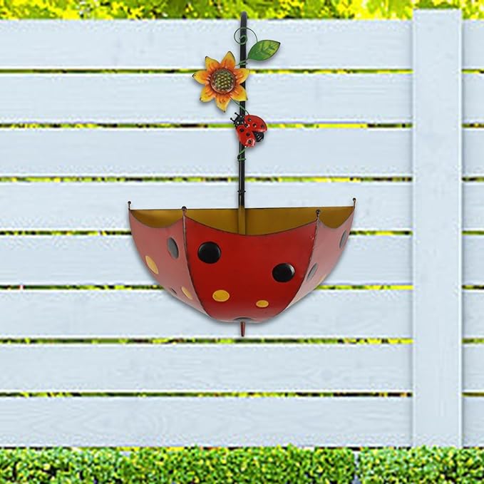 Ladybug Umbrella Wall Planter Decor Art Metal Hanging Wall Mounted Planters for Garden Yard Decorative Planter Succulent Flower Pot Plant Container