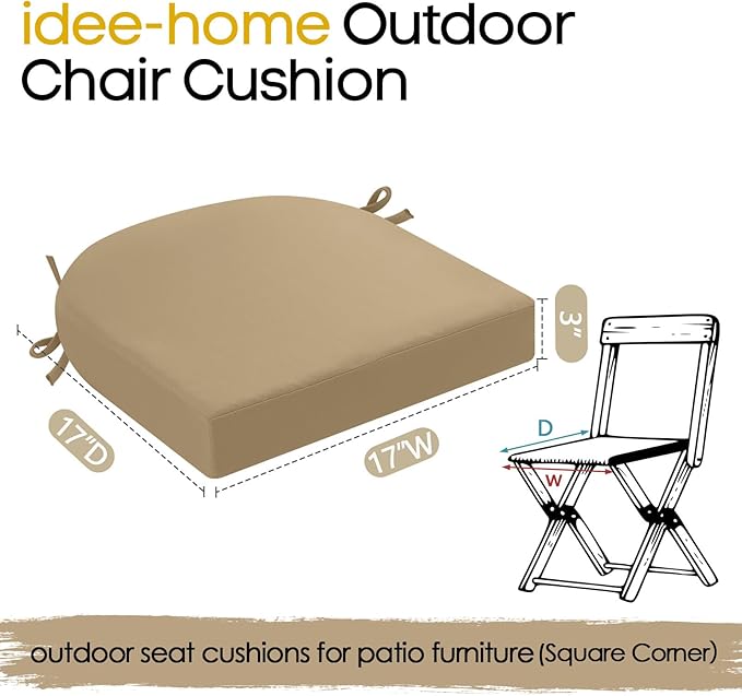 idee-home Outdoor Chair Cushions Set of 4, Thick 17" x 17" x 3" Patio Chair Cushions for Outdoor Furniture, Waterproof with Ties, Seat Cushion, Dining Chair Pads, Antique Beige