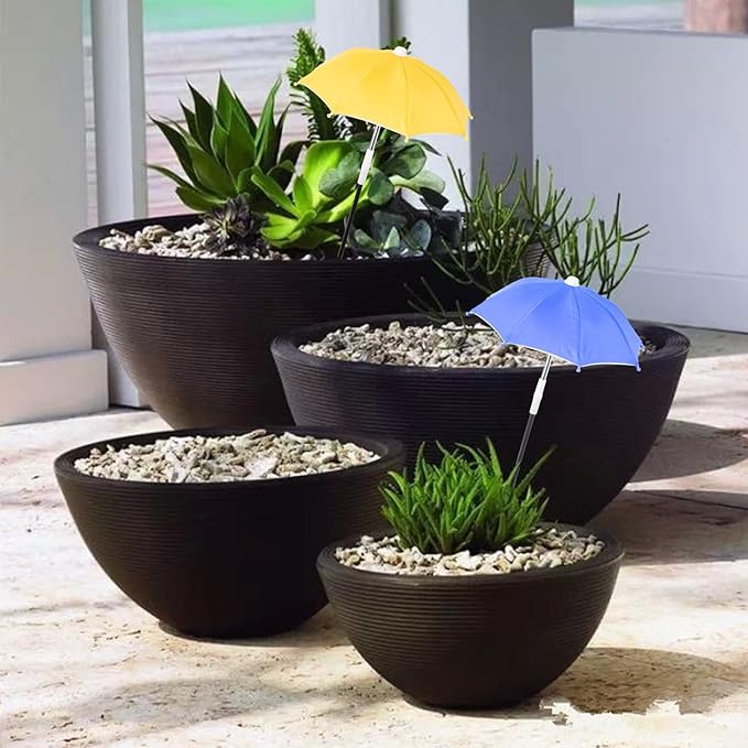 2 PCS Mini Plant Umbrellas, 10.6 Inch Diameter Small Mini Adjustable Height (23.2-31.1 Inch) Shade Umbrella for Outdoor Potted Plants Garden Bed Flower Pot Decor, Blue and Yellow
