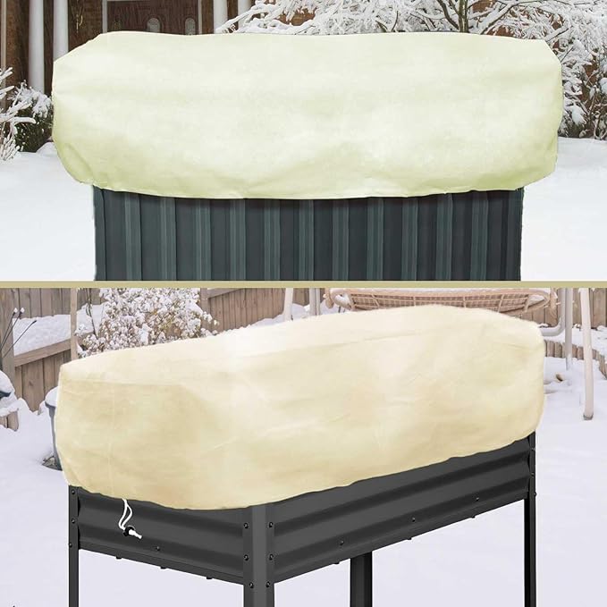 Plant Covers Freeze Protection 2 Pack Rectangular Planter Frost Fabric for Raised Beds with Drawstring 2.82oz/yd² Reusable Raised Beds Frost Cloth for Winter Outdoor Plants (Beige,for Cover a 4x2x1ft)