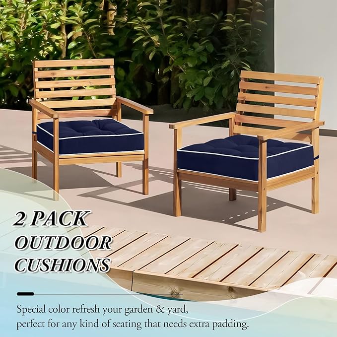 Wellsin Outdoor Chair Cushions Set of 2, Patio Cushions for Outdoor Furniture, Tufted Waterproof Outdoor Chair Pads, 19 x 19 Inch, Navy