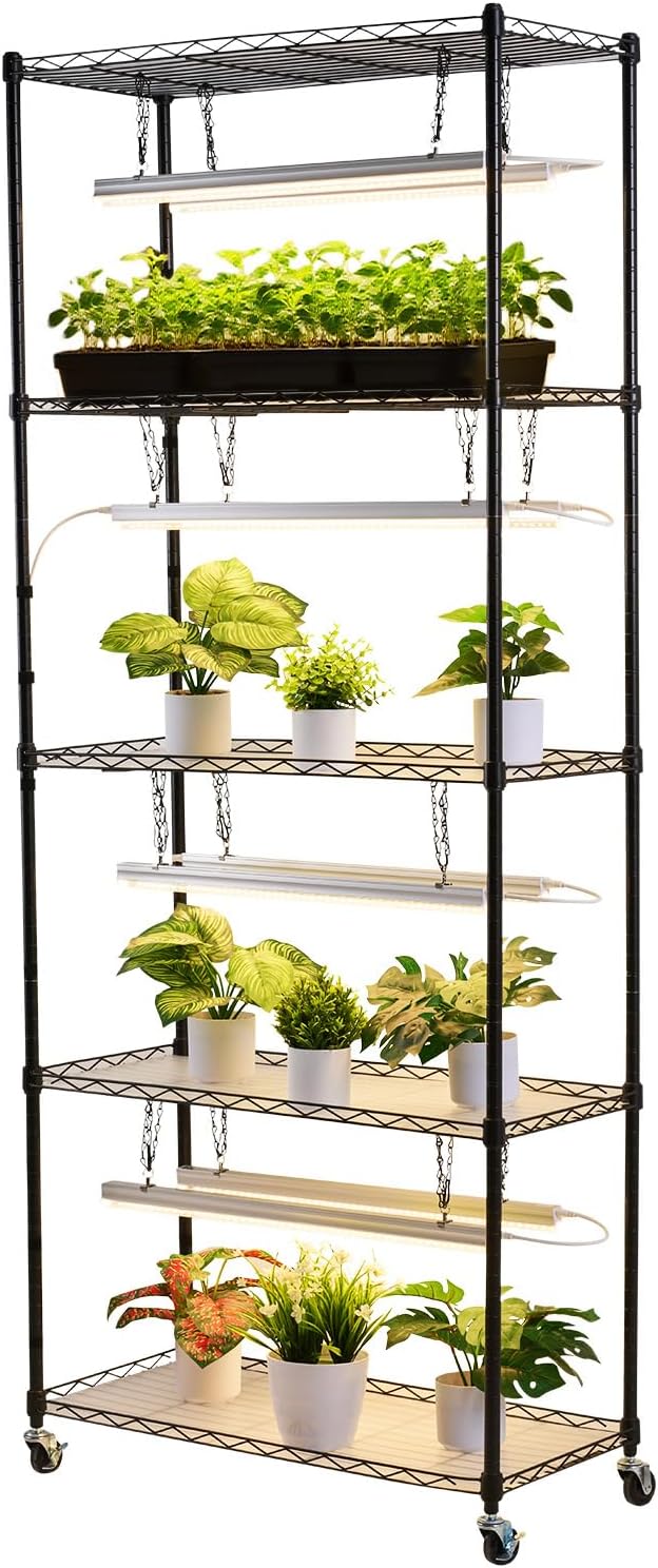 VEVOR Plant Shelf with Grow Light, 6-Tier Indoor Plant Stand, 71 in Tall Plants Display Rack with Wheels & 4/9/14H Timer, 80W T5 LED Full Spectrum Grow Lights, Flower Pot Holder for Seed Starting