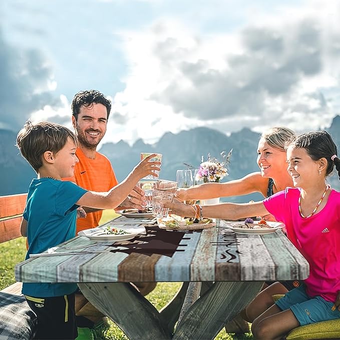 Picnic Table Cover with Bench Covers Elastic Edges, Green Camper Fitted Table Cover, Outdoor Patio Camping Essentials 72 Inch 3PCS, Waterproof Camping Fitted Tablecloth with Drawstring Bag