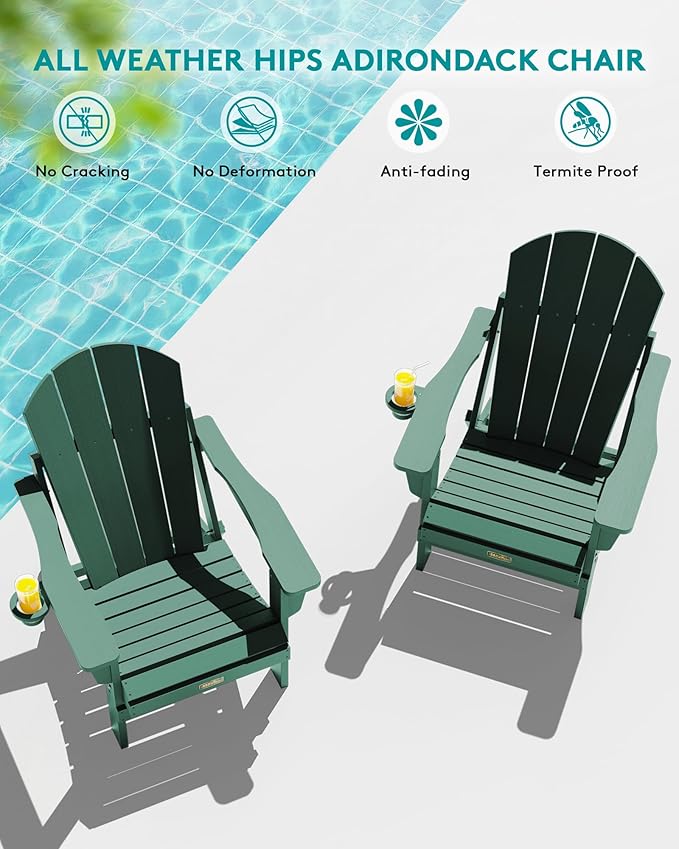 SERWALL Foldable Adirondack Chair Set of 2 for Patio Garden All Weather Adirondack Chairs with Cup Holder Outdoors Fire Pit Chairs-Green