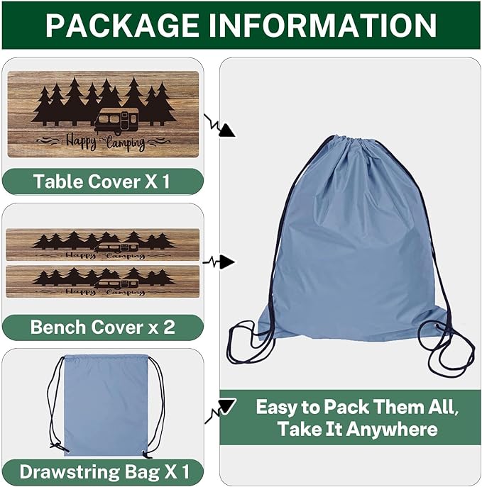 Picnic Table Cover with Bench Covers Elastic Edges, Wooden Camper Fitted Table Cover, Outdoor Patio Camping Essentials 72 Inch 3PCS, Waterproof Camping Fitted Tablecloth with Drawstring Bag
