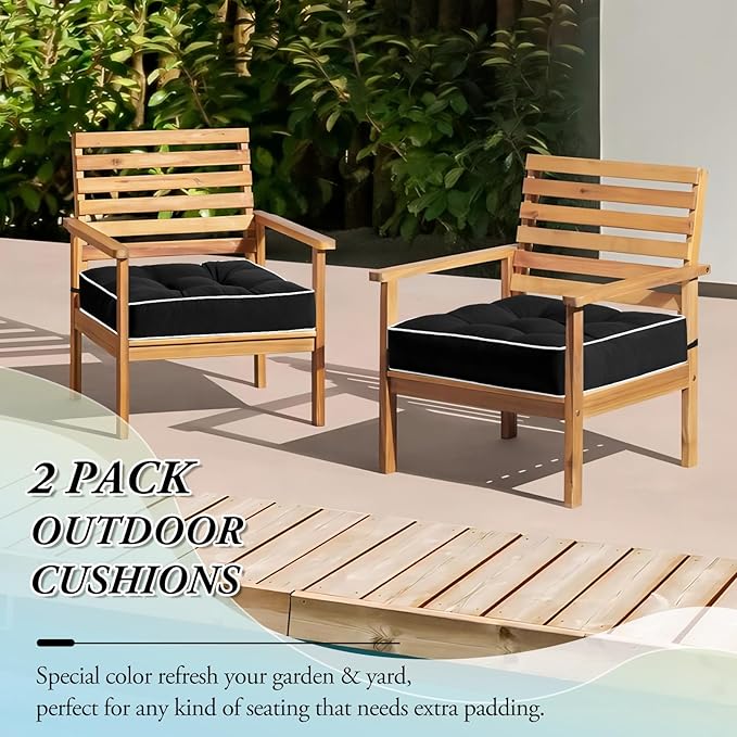 Wellsin Outdoor Chair Cushions Set of 2, Patio Cushions for Outdoor Furniture, Tufted Waterproof Outdoor Chair Pads, 17 x 17 Inch, Black