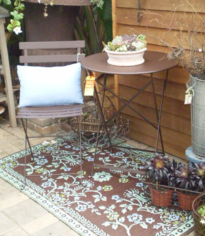 Mad Mats Outdoor Rug, Reversible Plastic Mat for Patio, Deck, Camping, Indoors, Oriental Garland, 4' x 6', Teal/Brown