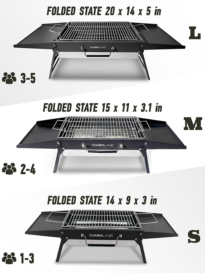 Charmline 15x11 inches Portable Charcoal Grill, Compact Portable BBQ Grill, Tabletop Charcoal Grills for Camping, Picnics, Gardens and Beach Parties, Black