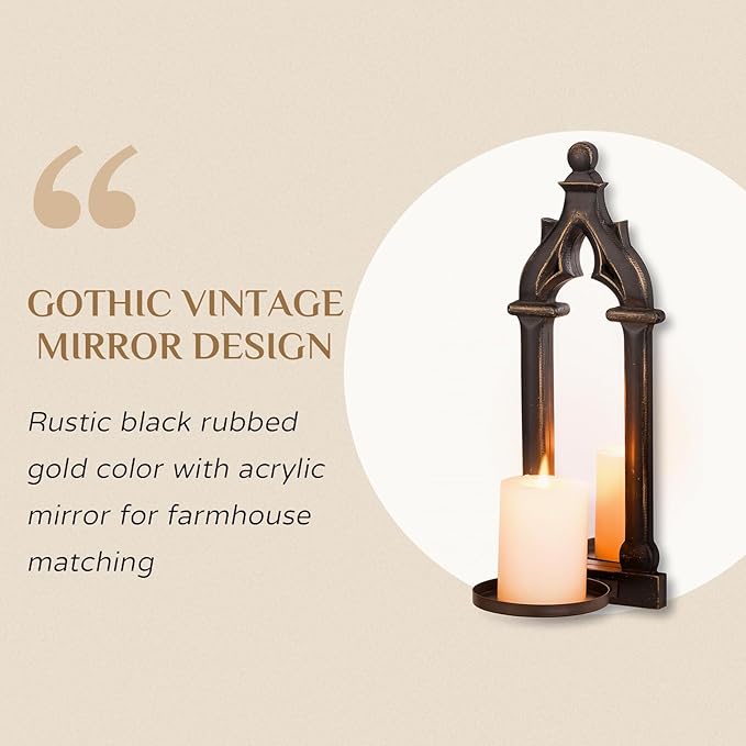 Candle Sconces Black Wall Decor - Gothic Dark Mirror Wall Candle Holder for Halloween Art Decorations - Wood Farmhouse Candles Sconce Set of 2 for Home Fireplace