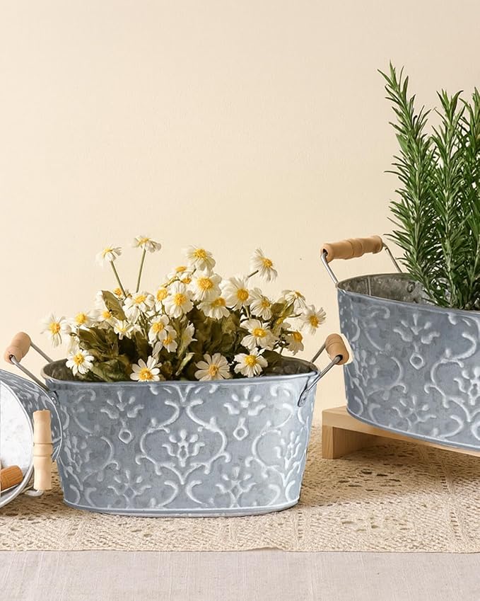 Galvanized Metal Oval Planter Buckets with Handles – Set of 3 Rustic Farmhouse Flower Tubs with Drain Holes & Plugs, Vintage Small Pots for Herbs, Succulents, Wedding or Tabletop Decor (Flower style)