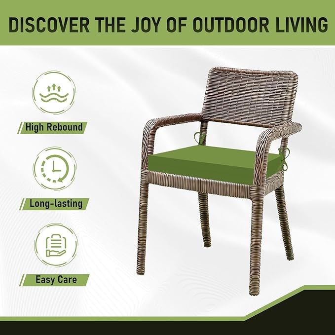 Basic Beyond Outdoor Chair Cushions Set of 4, Square Corner Outdoor Cushions for Patio Furniture, Water Resistant Patio Chair Cushions with 2 Ties, 18.5x16x3, Grass Green