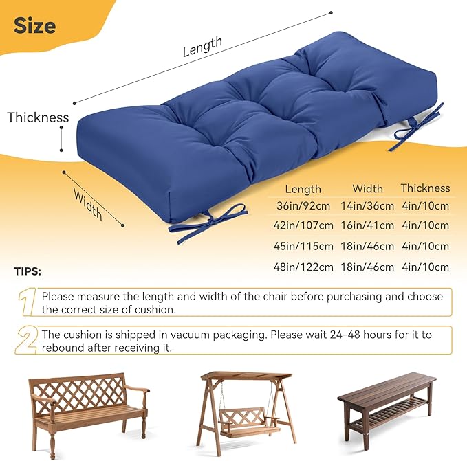 ROFIELTY Outdoor Bench Cushion, Waterproof/Sun-Proof Fabric, Tufted Bench Cushion with 2 Ties, Suitable for Outdoor Garden Bench/Swing/Indoor Furniture (Blue, 36×14×4)