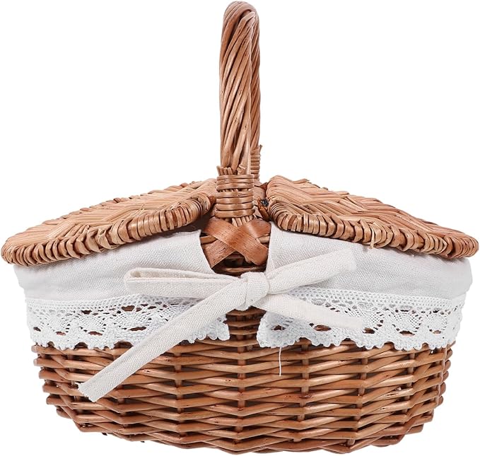 Large Wicker Picnic Basket with Lid and Handle, Sturdy Woven Picnic Basket with Liner, Fruit Bread Storage for Outdoor Camping, Easter Party, Garden Picking