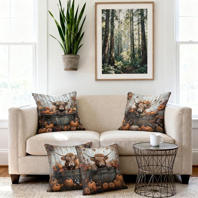 Highland Cow Pillow Covers 18x18 inch Set of 4, Rustic Pumpkin Autumn Farmhouse Throw Pillow Covers Farmhouse Cushion Case Decor for Sofa Couch