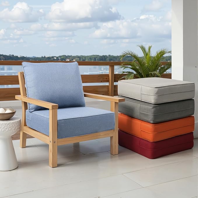 Outdoor Chair Cushion Set, 24x24 Waterproof Patio Chair Cushions, 6" Thickened Seat Cushion for Outdoor Chairs and Couch, Include 1 Back Pillow and 1 Seat Cushion, Thick/Babyblue