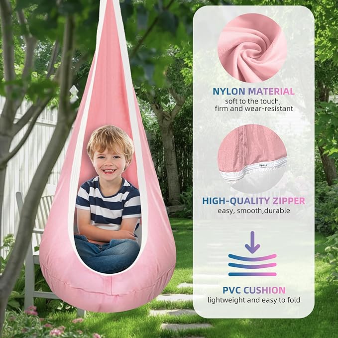 Kids Swing Seat Hammock Chair Indoor Outdoor Hanging Chair for Children,Soft & Safe with High Weight Capacity, Easy Install Perfect for Bedroom, Garden, Playroom (Pink)