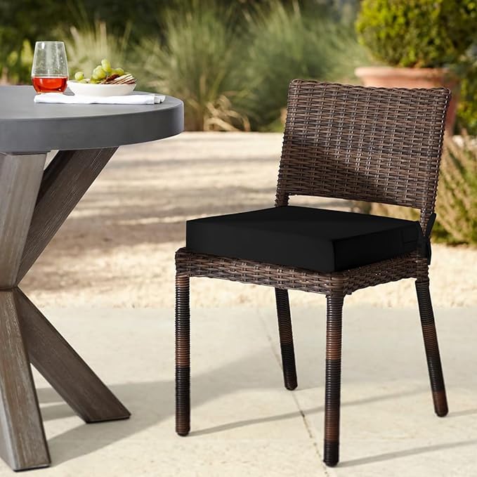 downluxe Waterproof Outdoor Chair Cushions Set of 4, 19" x 19" x 3" Patio Chair Cushion with Non-Slip Ties & Handle, Square Outdoor Cushion for Patio Furniture with Removable Cover, Black
