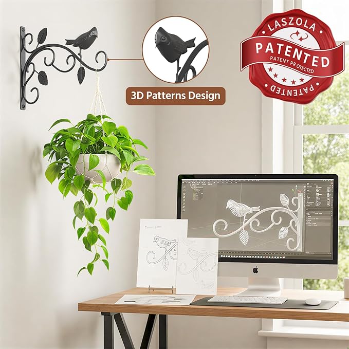 LASZOLA 4 Pack 12 Inch Hanging Plant Brackets, Heavy Duty Iron Wall Hooks with Decorative Bird and Leaf, Rust Proof Metal Outdoor Fence Hangers for Bird Feeders, Planters, Wind Chimes, Lanterns, Black