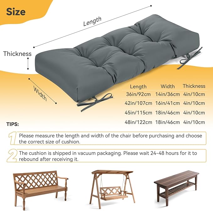 ROFIELTY Outdoor Bench Cushion, Waterproof/Sun-Proof Fabric, Tufted Bench Cushion with 2 Ties, Suitable for Outdoor Garden Bench/Swing/Indoor Furniture (Dark Gray, 36×14×4)