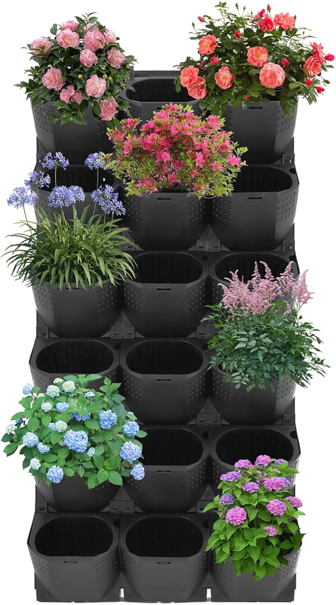 36 Pockets Vertical Wall Planter, Wall Mounted Flower Pot Holder with 180LB Capacity,10.56 oz Self Watering Pots & 36 Non-Woven Bags for Indoor Outdoor Herbs,Flowers,Strawberries (Black)