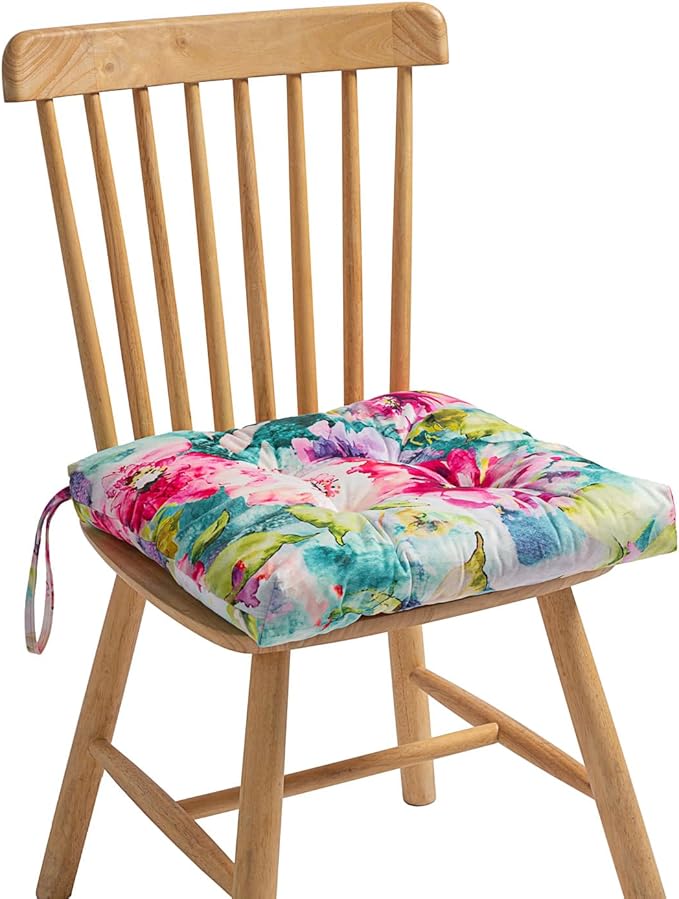2-Pack Outdoor/Indoor Wicker Patio Seat Cushion Pad with Ties - Dining Chair Cushion, 17" x 17" (Watercolor Flowers)