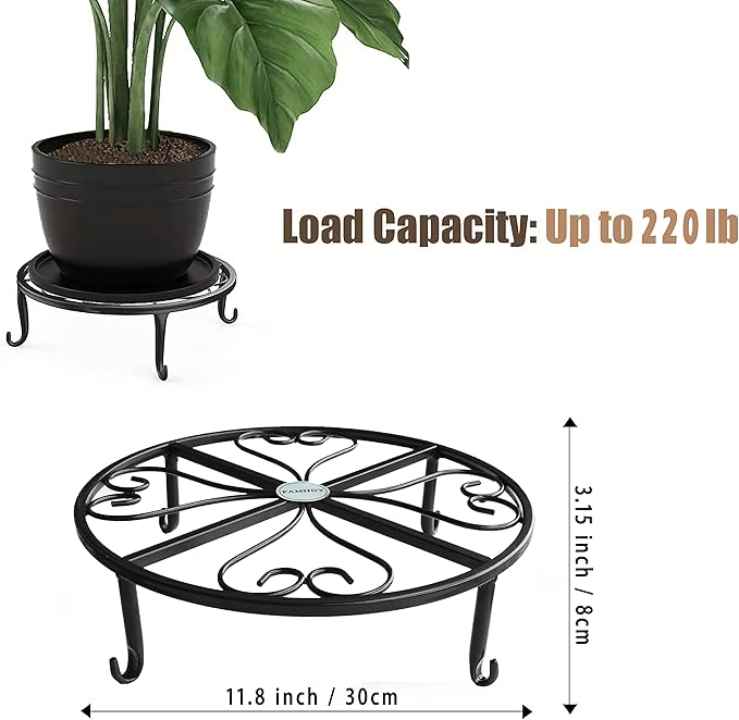 2 Pack 12 Inches Metal Plant Stand for Indoor and Outdoor, Flower Pot Holder for Living Room and Garden, 3 Inches Tall Garden Plant Rack (12 inches, Black)